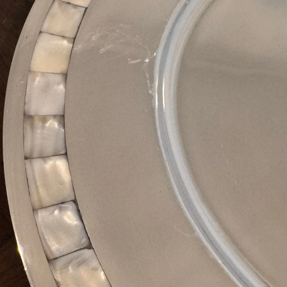 Pottery Barn Silver Tone Metal Charger Plate with Mosaic Shell Inlay Rim 13